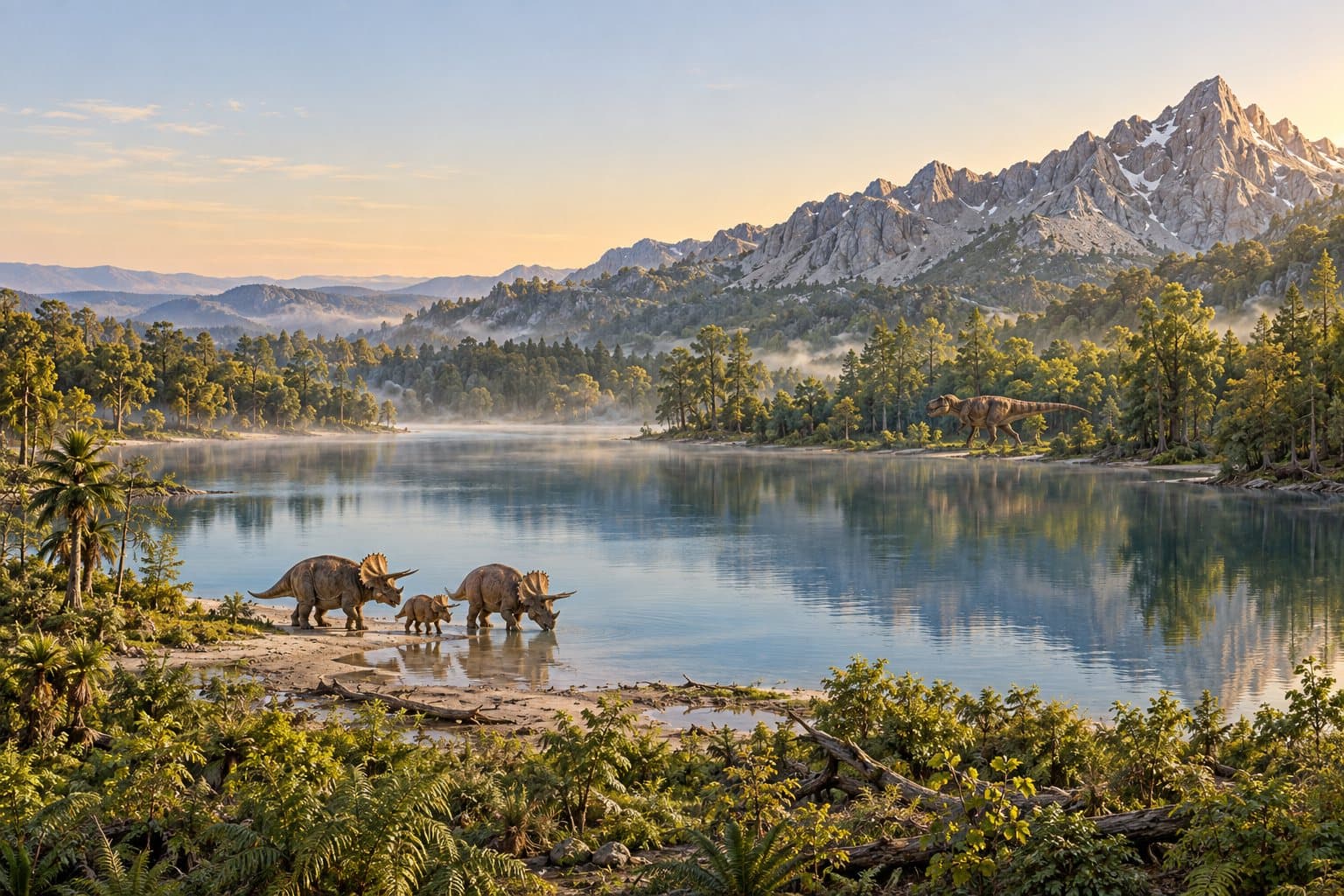 A lake at first light under a granite ridge, Triceratops drinking at its edge.